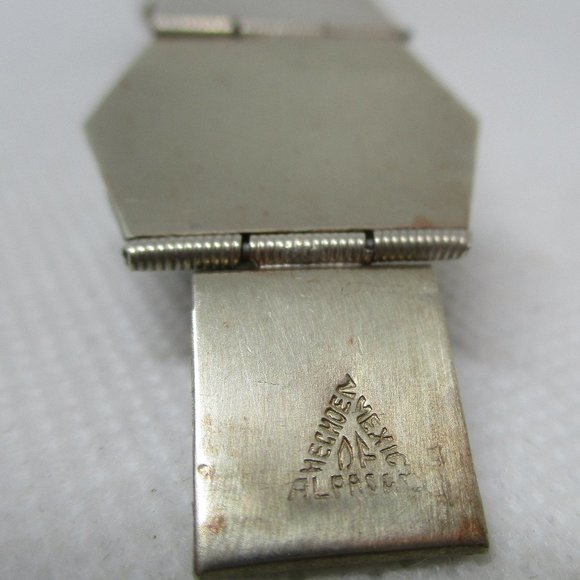 MEXICAN SILVER Green Onyx Tribal Masks Bracelet Gemstone Rectangles Sectional - Picture 10 of 12